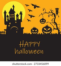 Halloween background, haunted castle, flying bats, carved pumpkins, full moon