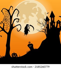 Halloween background with haunted castle in the full moon