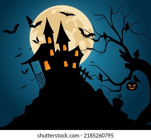 Halloween background with haunted castle in the full moon