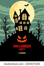Halloween background with haunted castle, full moon, and graveyard hill. Halloween party flat design. Halloween design template for poster, invitation, background, greeting card, social media content.
