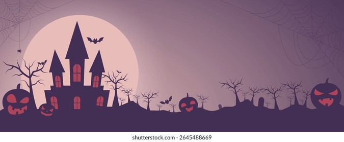 Plano de fundo de Halloween com castelo assombrado, abóboras e morcegos perfeitos para projetos sazonais, como cartazes, convites e mídias sociais.