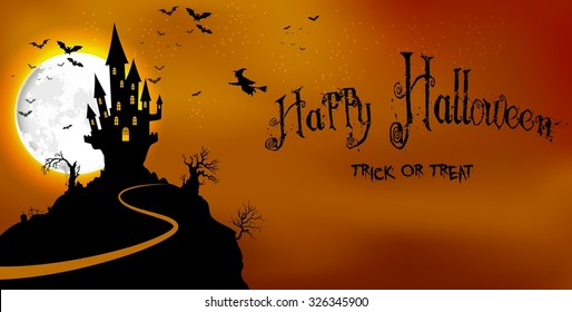 Halloween background haunted castle in scary on night. Vector