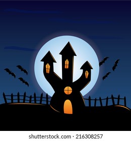 a halloween background with a haunted castle and some bats