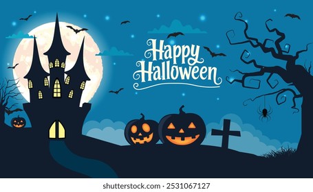 Plano de fundo de Halloween com fundo vetor Castelo Assombrado, Árvore assustadora com abóboras de Halloween