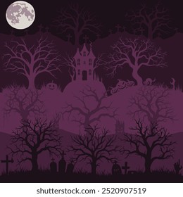 Fondo de Halloween, bosque embrujado, luna, noche, sombra, oscuro, púrpura, castillo, árbol, aterrador, espeluznante, cementerio, calabaza, colinas, tela, textura, Fondo de pantalla, atmósfera, estilo plano, abstracto. 