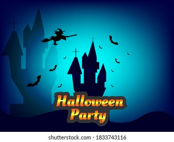 halloween background with haunted house, bat and witch. vector of background illustration