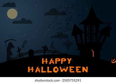 Halloween background with a haunted house bathed in moonlight, surrounded by spooky silhouettes and graveyard. Vector illustration.