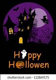 Halloween background with haunted house, bats and full moon, vector illustration