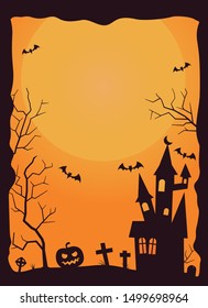 Halloween background with haunted house, bats and graveyard vector illustration. Copy space in moon.