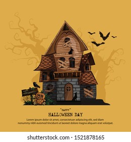 Halloween background with haunted house, bats and graveyard vector illustration. Copy space for text.