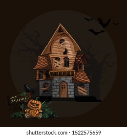 Halloween background with haunted house, bats and graveyard vector illustration. Copy space for text.