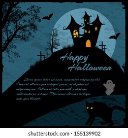 Halloween background with haunted house, bats and full moon, vector illustration