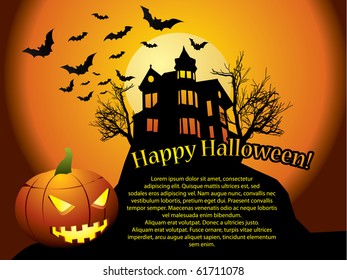 Halloween background with haunted house, bats and pumpkin