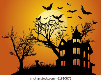 Halloween background with haunted house, bats and pumpkin