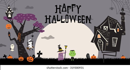 Halloween Hintergrund mit dem sputierten Haus und einem großen Baum.
Kürbis in den Busch und Kinder kosteten im Geist, Schädel, Mummy und die Hexe für Trick oder Behandlung.  Spinnen Spinngewebe oben.