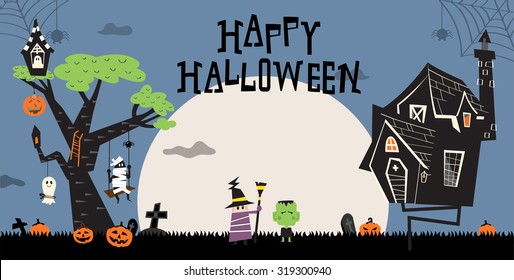 Halloween background with the haunted house and a big tree.
Pumpkins in the bush and kids costumed in the ghost, hulk, mummy and the witch for trick or treat.  Spider spinning web on the top.