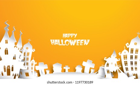 Halloween background with haunted house and cemetery gravestone in paper art carving style. banner, poster, Flyer or invitation template party. Vector illustration.