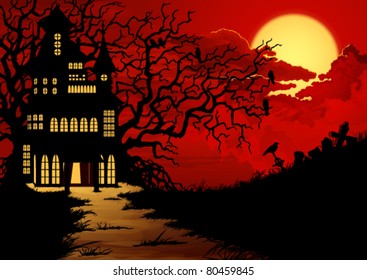 Halloween background with haunted house and cemetery