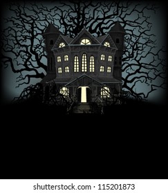 Halloween background with haunted house and creepy trees