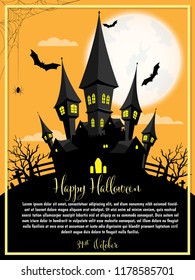 Halloween background of Haunted House in creepy graveyard in forest with spider with cobweb, flying bats on full moon sky with cloud and Happy Halloween text with copy space. Vector illustration.