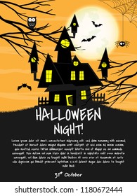 Halloween background of Haunted House in creepy forest with cute owl on tree branch, spider with cobweb, flying bats on full moon sky  and Halloween Night! text with copy space. Design for Invitation 