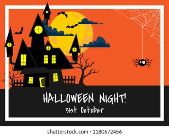 Halloween background of Haunted House in creepy forest with spider with cobweb, flying bats on full moon sky with cloud and Halloween Night! text. Vector illustration design for Invitation to party or
