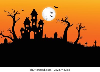 Halloween background with haunted house, dead tree, cross and tombstone silhouette, vector design