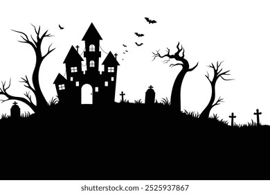 Halloween Hintergrund mit Spukhaus, toter Baum, Kreuz und Grabstein Silhouette, Vektordesign