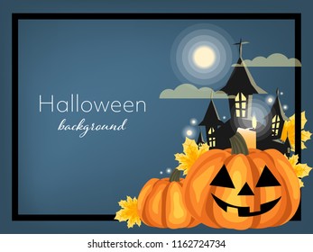 Halloween background of haunted house with full moon and clouds, Halloween pumpkins, maple leaves with frame and your copy space. Vector illustration.