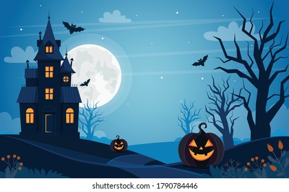 Halloween background with haunted house, full moon, pumpkins and trees