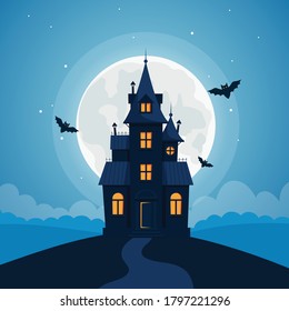 Halloween Background With Haunted House, Full Moon, Pumpkins And Trees