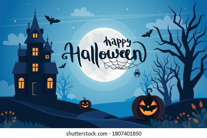 Halloween background with haunted house, full moon, pumpkins and trees