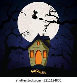 Halloween background with haunted house, full moon, pumpkins and trees,owl,witch