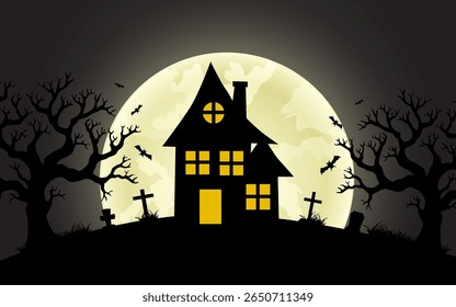 Halloween background with haunted house, full moon, pumpkins and trees, bats and spiders.