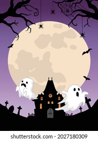 Halloween Background. Haunted house, ghost and full moon.