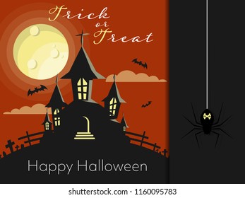 Halloween background of haunted house in graveyard with flying bats on full moon sky with clouds, a spider, Trick or Treat text and  Happy Halloween text. Vector illustration.