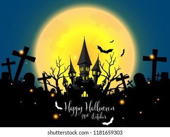 Halloween background of Haunted House in graveyard with firefly, flying bats and Happy Halloween text on full moon sky background. Vector illustration.