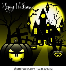 Halloween background of Haunted House in graveyard with Halloween pumpkin, flying bats and Happy Halloween text on full moon sky background. Vector illustration.