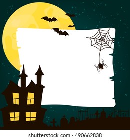 Halloween Background with Haunted house, Graveyard, Moon, Bat, Cobweb and Spider. Happy halloween greeting card. Vector illustration.
