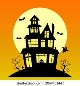 Halloween background with haunted house. Happy Halloween background with pumpkin, haunted house and full moon