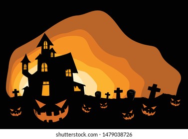 Halloween background with haunted house. Invitation card on celebration Halloween. Vector illustration.