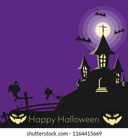 Halloween background with Haunted House with Moon , Halloween elements, spiders and Happy Halloween text.