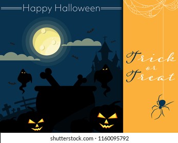 Halloween background of haunted house in nightmarish forest graveyard with ghost and flying bats on full moon sky and Trick or Treat text with spider and cobweb. Vector illustration.