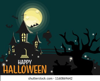 Halloween background of haunted house in nightmarish forest graveyard with ghost and flying bats on full moon sky and Happy Halloween text. Vector illustration.