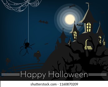 Halloween background of haunted house on hill with creepy trees on full moon sky, ghost, flying bats, spiders with cobweb and Happy Halloween text. Vector illustration.