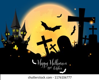 Halloween background of Haunted House on the hill in graveyard with firefly, flying bats on full moon sky and Happy Halloween text. Vector illustration design for Invitation to party or greeting card 