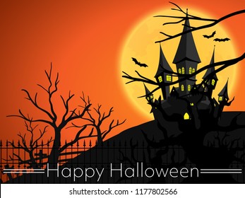 Halloween background of Haunted House on the hill in creepy graveyard with flying bats on full moon sky and Happy Halloween text. Vector illustration design for Invitation to party or greeting card or