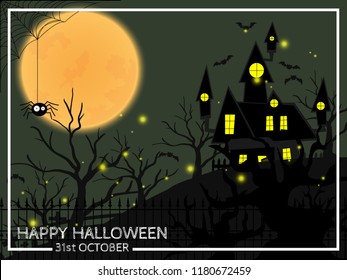 Halloween background of Haunted House on the hill near graveyard with firefly, flying bats and cute spider with cobweb on full moon sky and Happy Halloween text. Vector illustration.