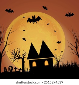 Halloween background with haunted house on the full moon