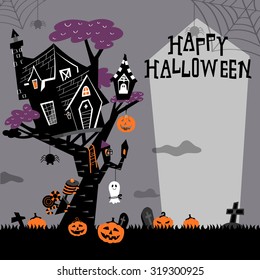 Halloween background with the haunted house on the tree and pumpkins in the bush.
Train and ghost with candies for trick or treat. Spider spinning web from the top of the frame. In black and white.